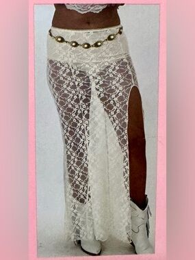 Ivory Lace Maxi Skirt with Side Slit and belt